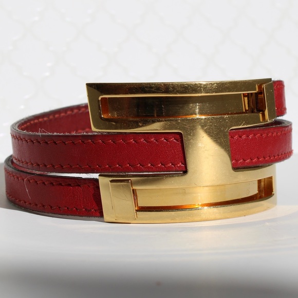 Hermès Gold Plated Pousse Pousse H slide bracelet red leather Authentic - Picture 5 of 16